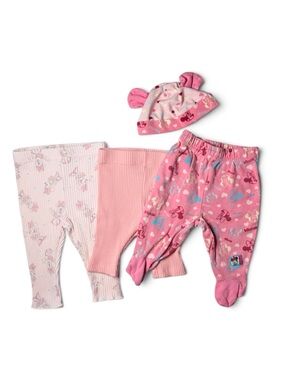 Official Disney Baby Minnie Mouse Pants & Ear Beanie Bundle 4pc Set 3-6M Pastel